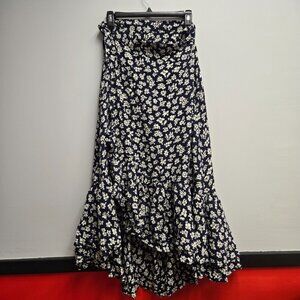 Polo Ralph Lauren Floral Wrap Skirt 14 Navy Blue Cream Ruffle Asymmetrical Midi